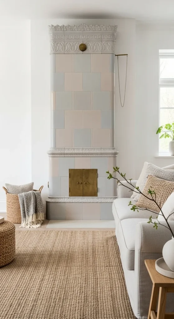 Scandinavian Fireplace with Soft Neutral Tiles