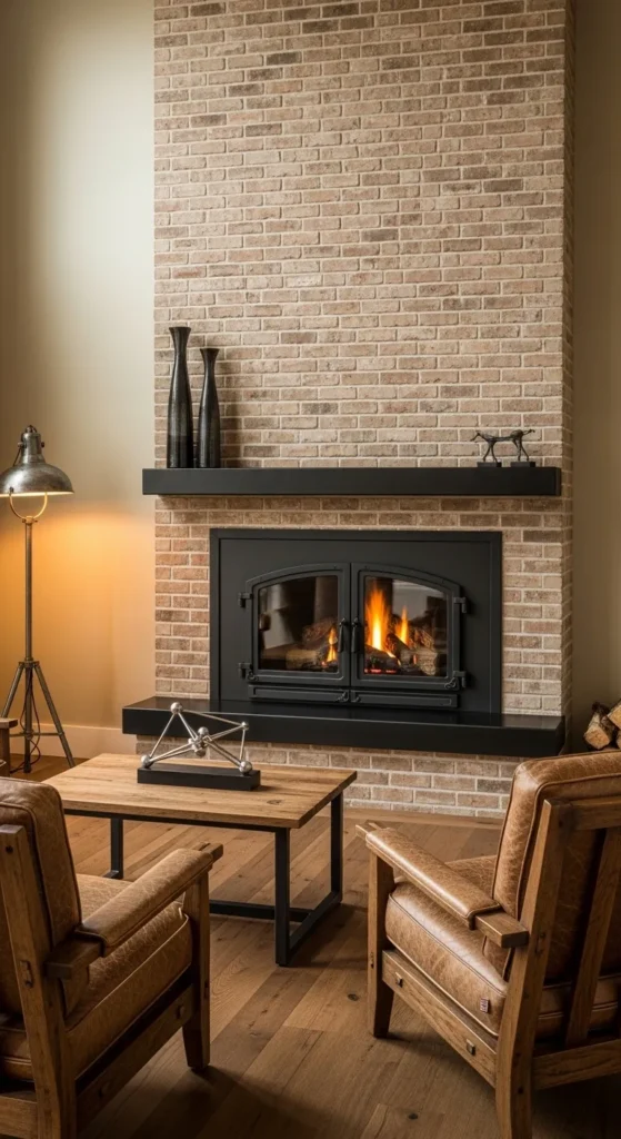 Brick Fireplace with Black Metal Accents