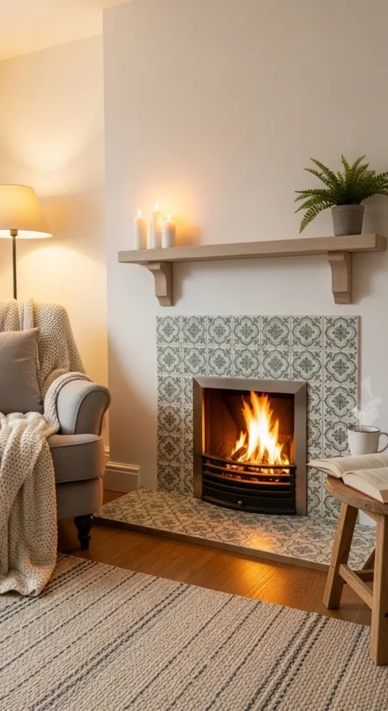 Cottage Fireplace with Decorative Tile Hearth