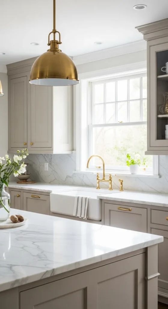 Soft Neutral Cabinets with Brass Fixtures