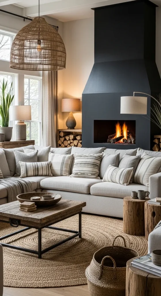 Black Farmhouse Fireplace with Rustic Wood Mantel