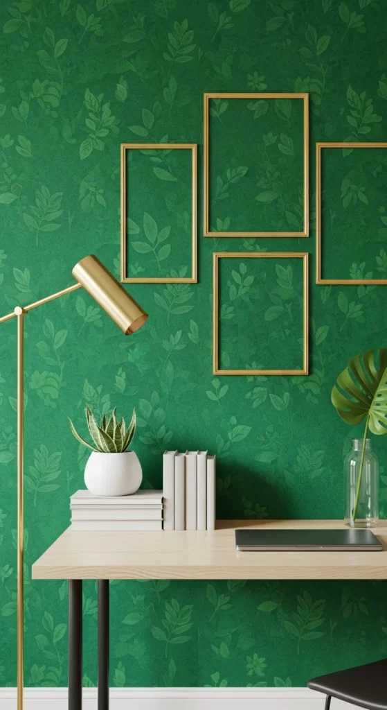 Botanical Green Accent Wall with Gold Frames