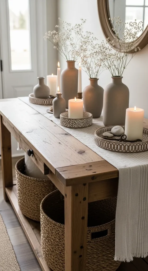 Distressed Wood Table with Neutral Accents