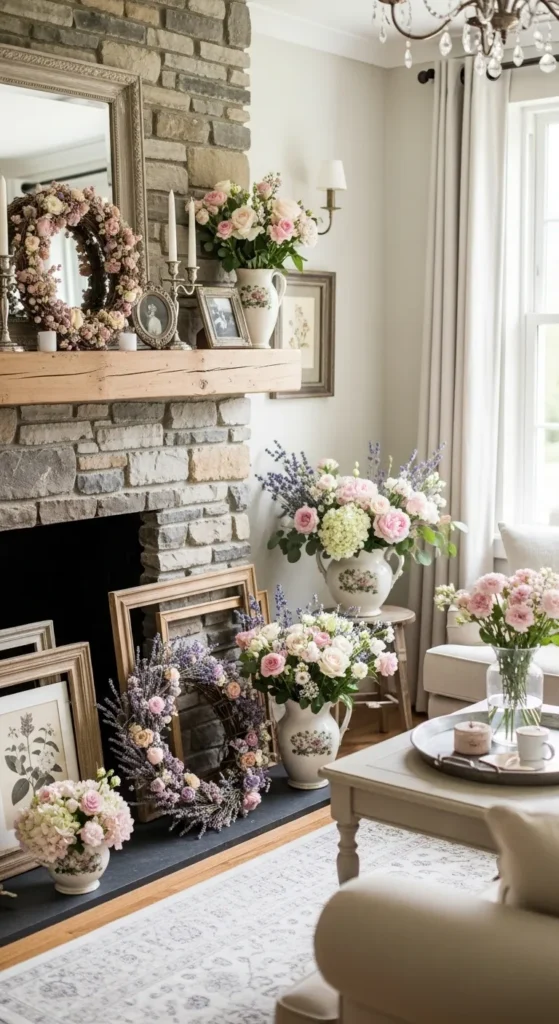 Cottage Fireplace with Floral Mantel Decor