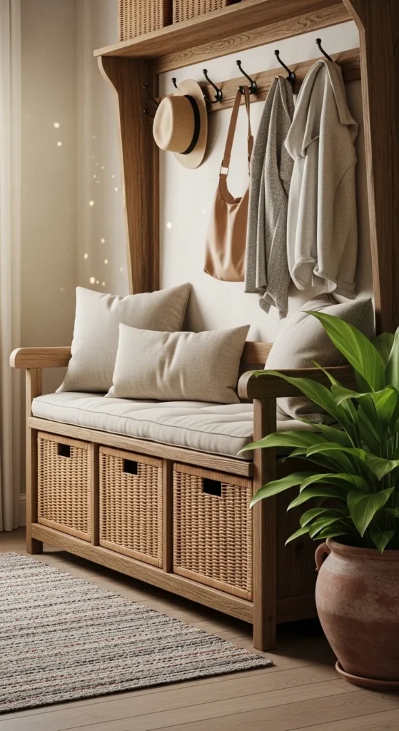 Bench with Wicker Storage Bins