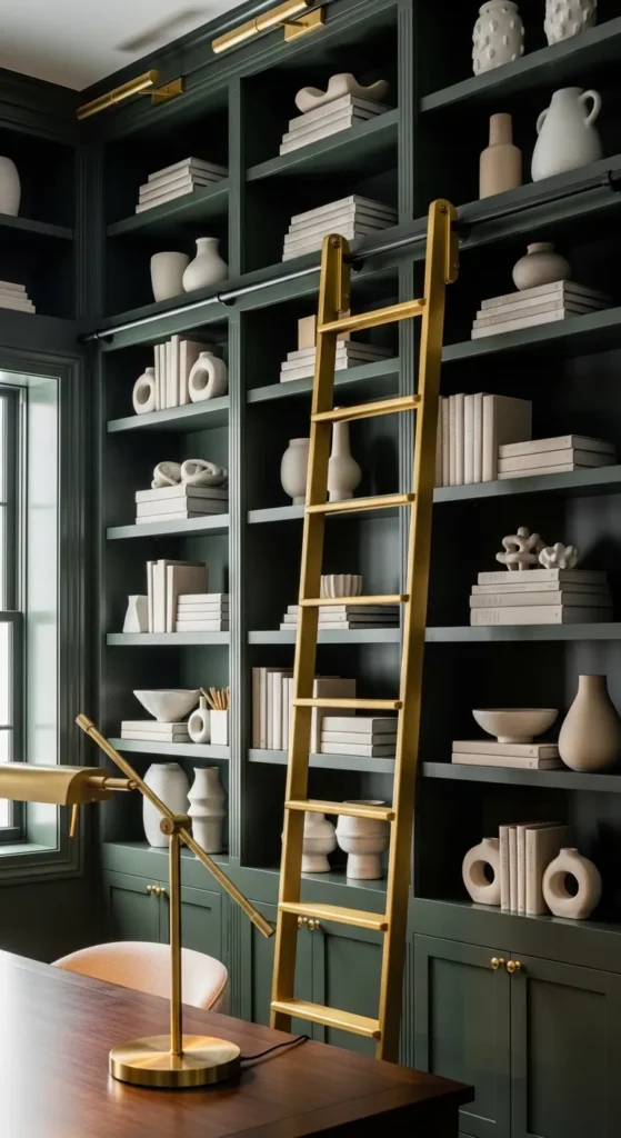 Dark Green Bookshelves with Gold Ladder
