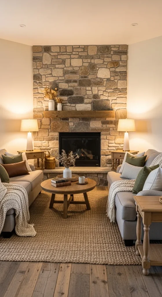 Farmhouse Corner Fireplace with Rustic Stone