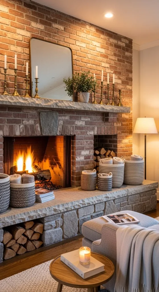 Brick Fireplace with Stone Hearth