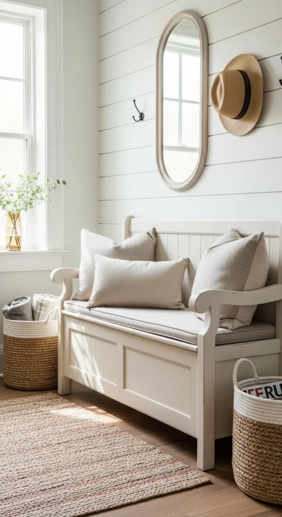 Painted Farmhouse Bench with Neutral Cushions