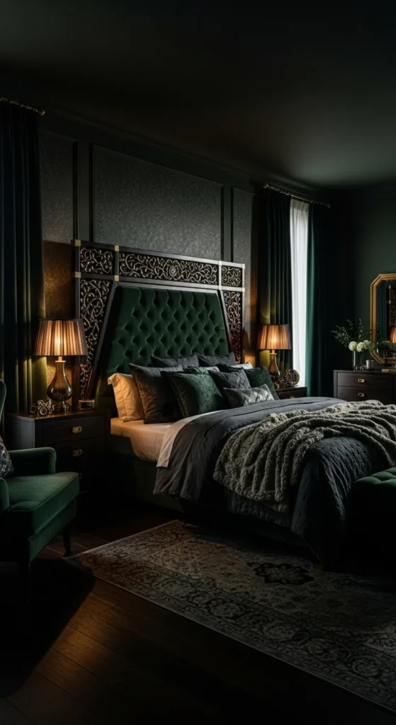 Dark Green Bedroom with Statement Headboard