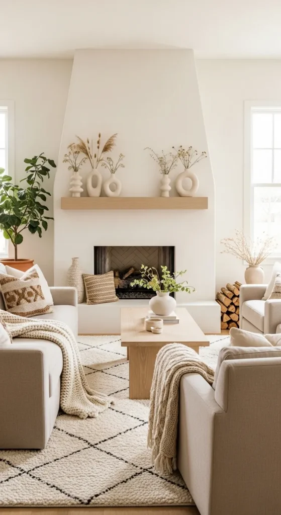 Minimal Farmhouse Fireplace with Neutral Tones