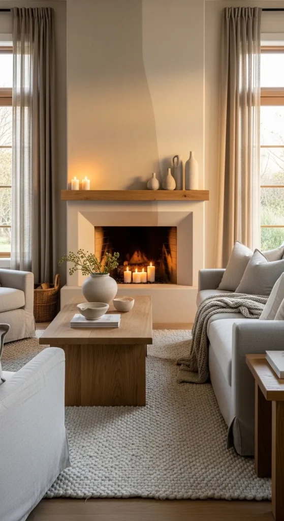 Minimal Cottage Fireplace with Soft Neutral Tones