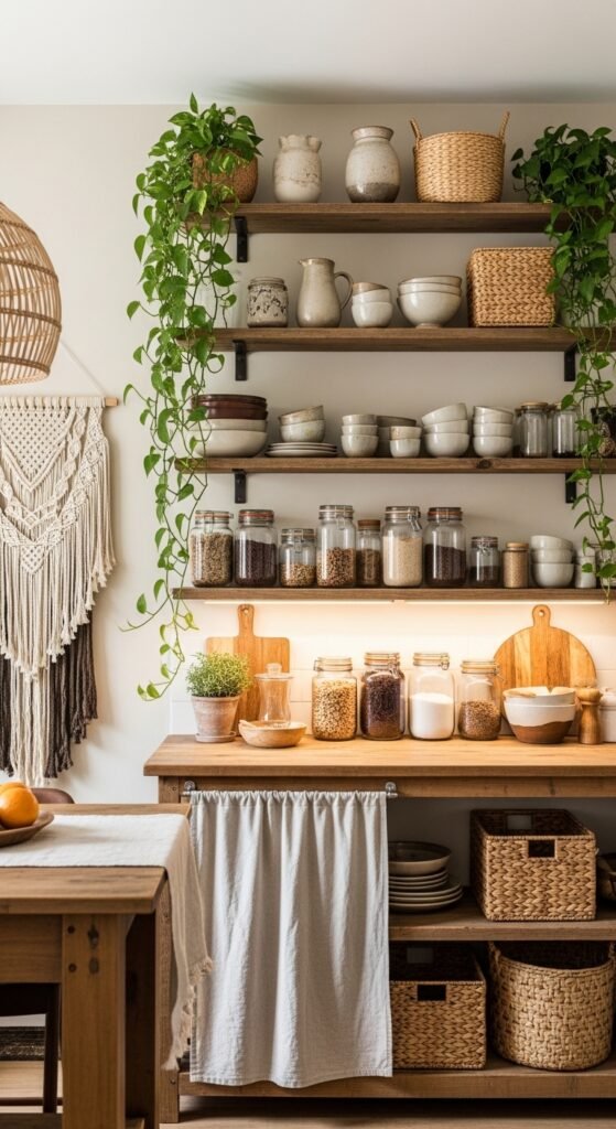 Reclaimed Wood Open Shelving with Layered Textures