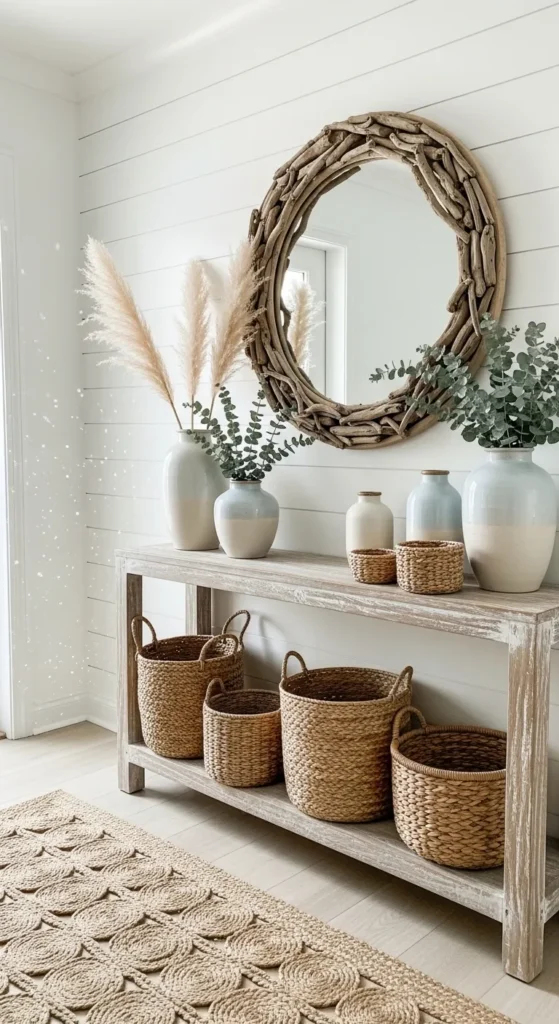White Shiplap Walls with Weathered Wood Console