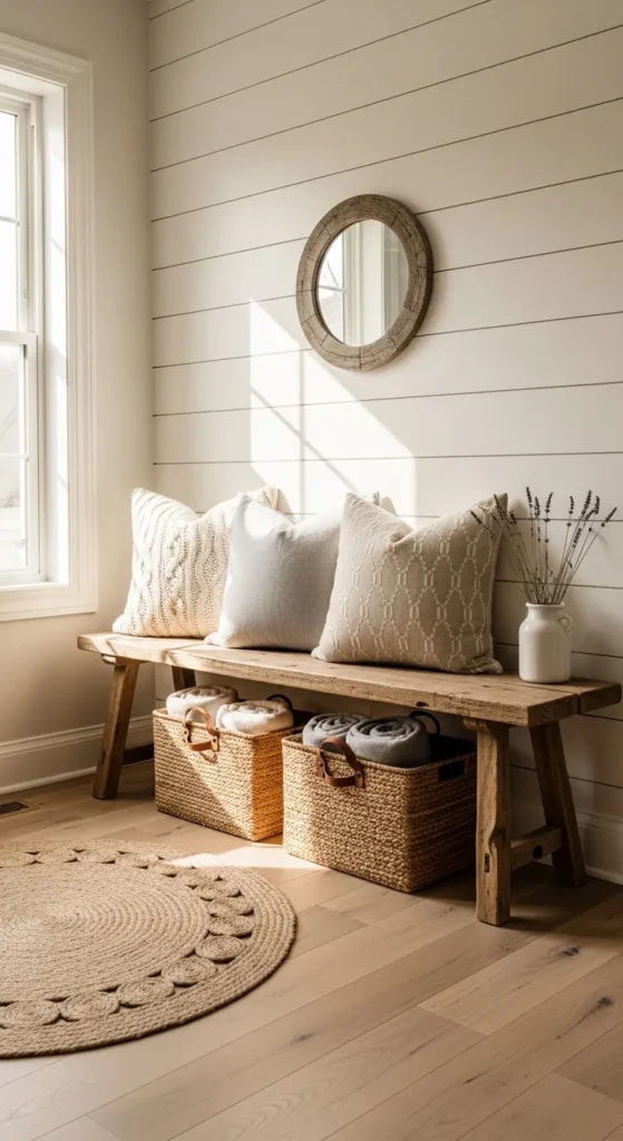 Rustic Wooden Bench with Woven Baskets