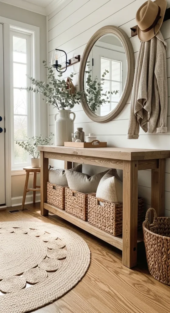 Rustic Wooden Console with Woven Baskets