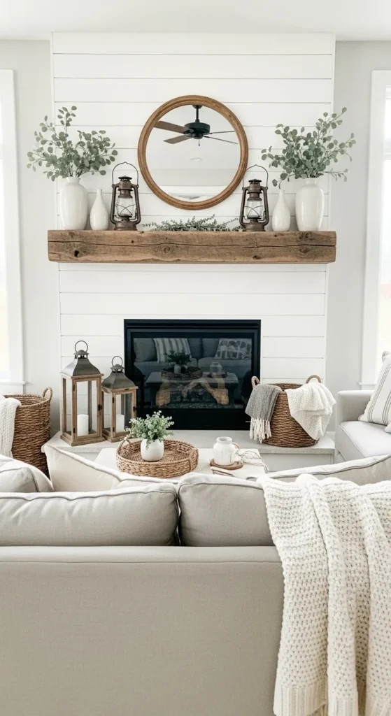 White Shiplap Fireplace with Wooden Mantel