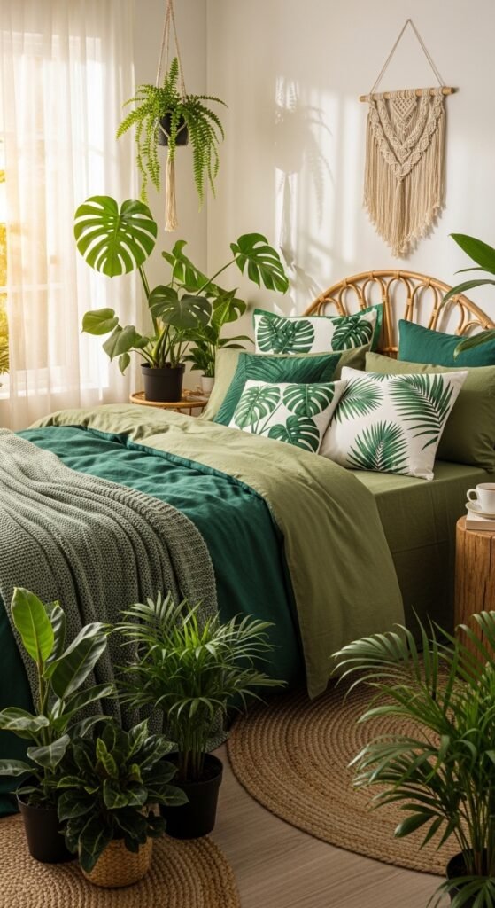 Layered Green Textiles for a Lush Retreat