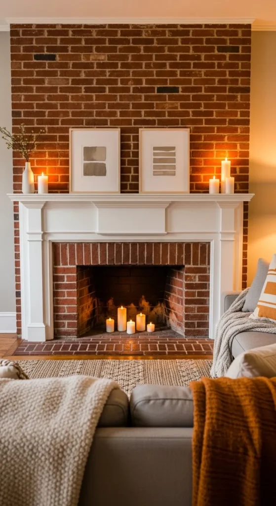 Classic Red Brick Fireplace with White Mantel