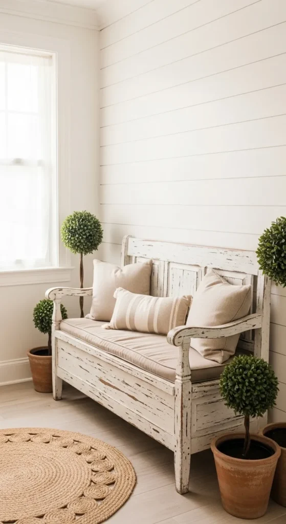 Distressed White Shiplap Bench