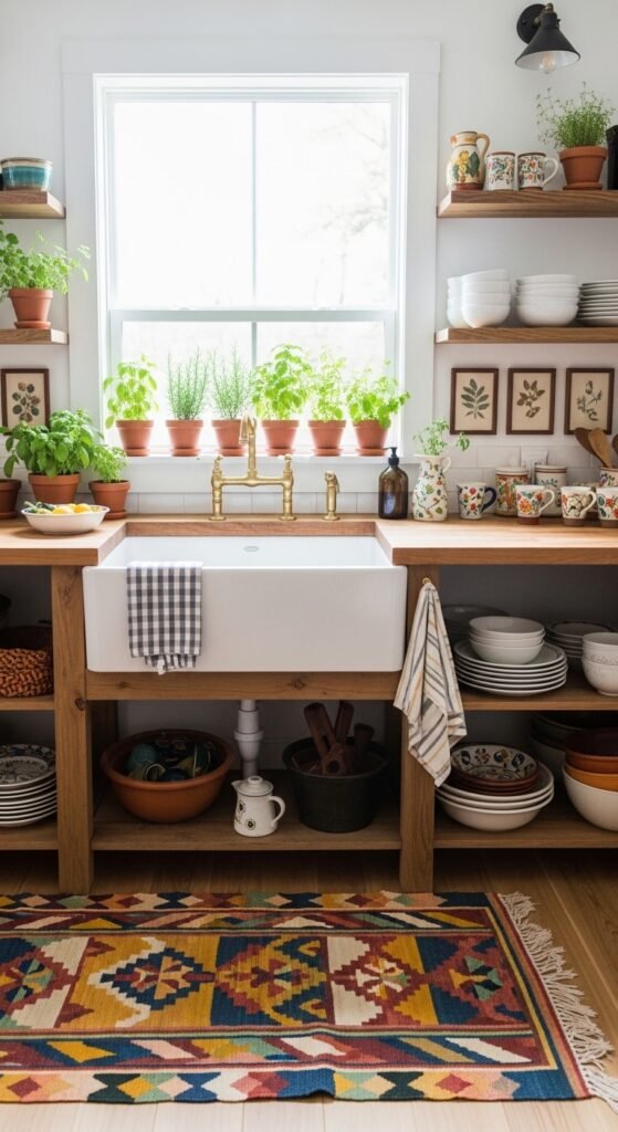 Vintage Farmhouse Sink with Boho Accents