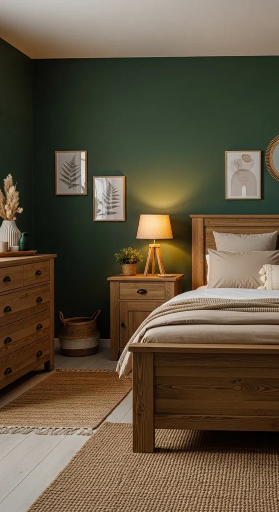Dark Green Walls with Warm Wooden Furniture