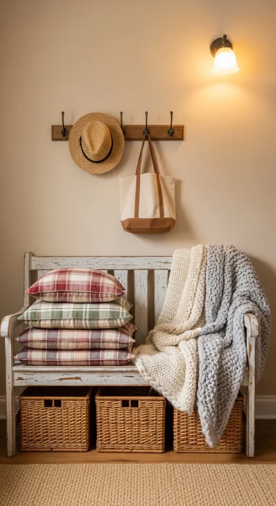 Farmhouse Bench with Cozy Textiles