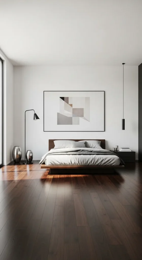 Modern Minimalist Bedroom with Espresso Flooring