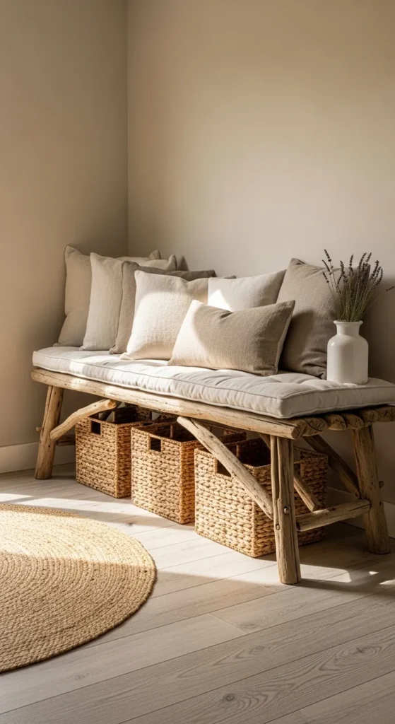 Driftwood Bench with Woven Storage Baskets