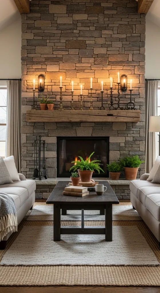 Stone Farmhouse Fireplace with Rustic Beam Mantel
