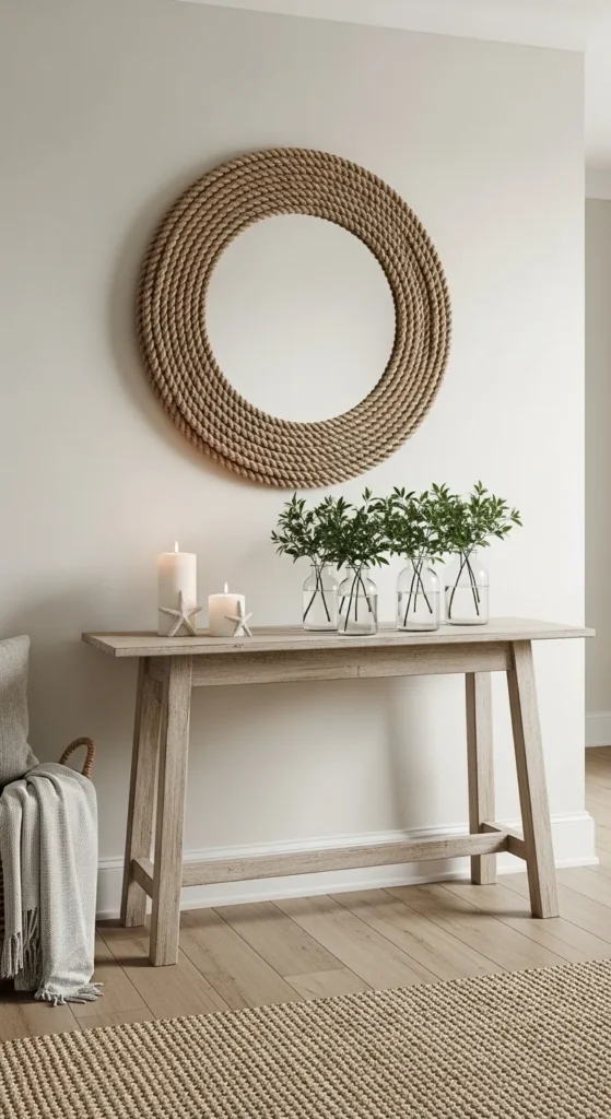 Nautical Rope Mirror Above Farmhouse Table