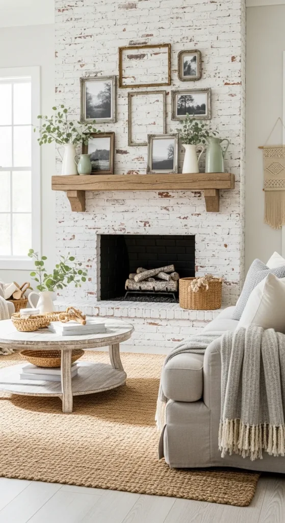 Brick Fireplace with Distressed White Finish