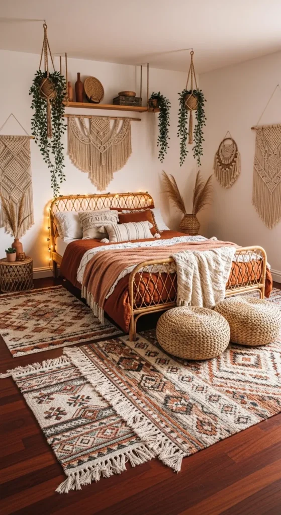 Cozy Boho Bedroom with Rich Mahogany Floors