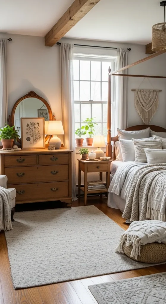 Vintage Wooden Furniture and Soft Bedding