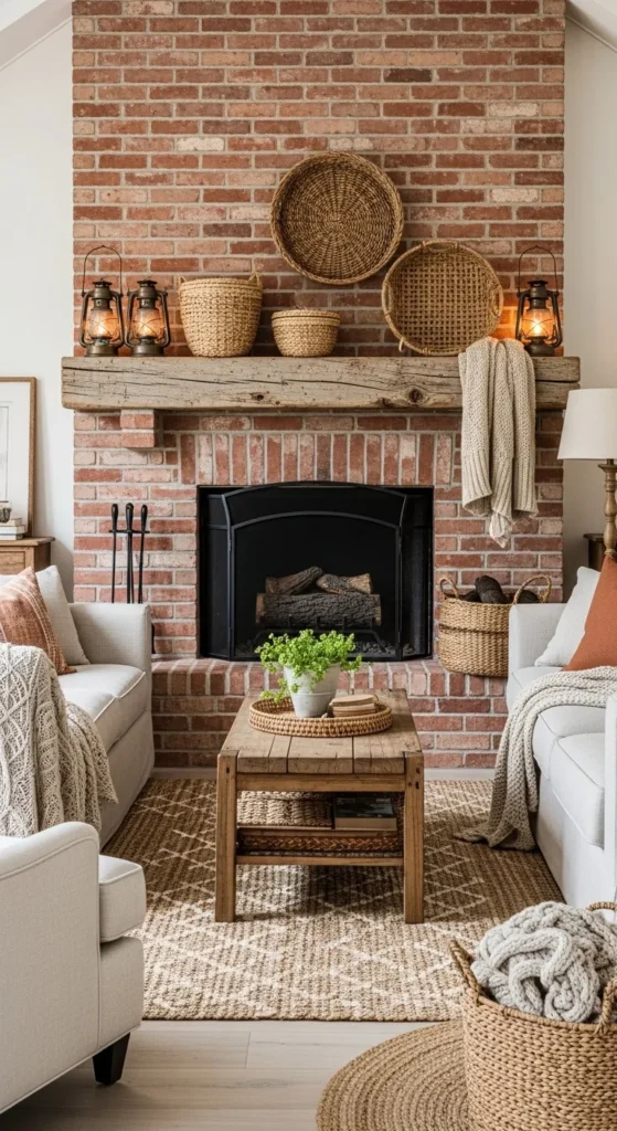 Rustic Brick Fireplace with Wooden Beam Mantel