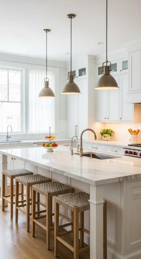 White Kitchen Island with Pendant Lighting