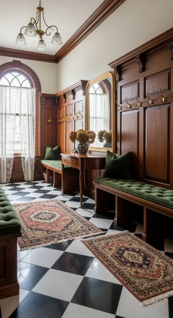 Checkerboard Tile Flooring with Wooden Accents