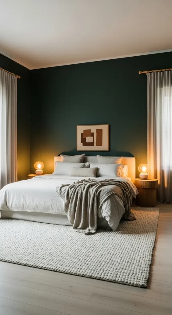 Dark Green Bedroom with Soft Neutral Bedding