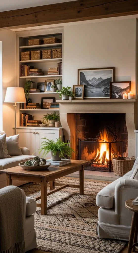 Cottage Fireplace with Built-In Shelves