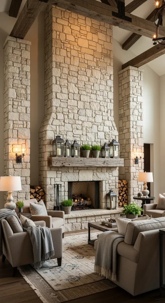 Floor-to-Ceiling Stone Farmhouse Fireplace