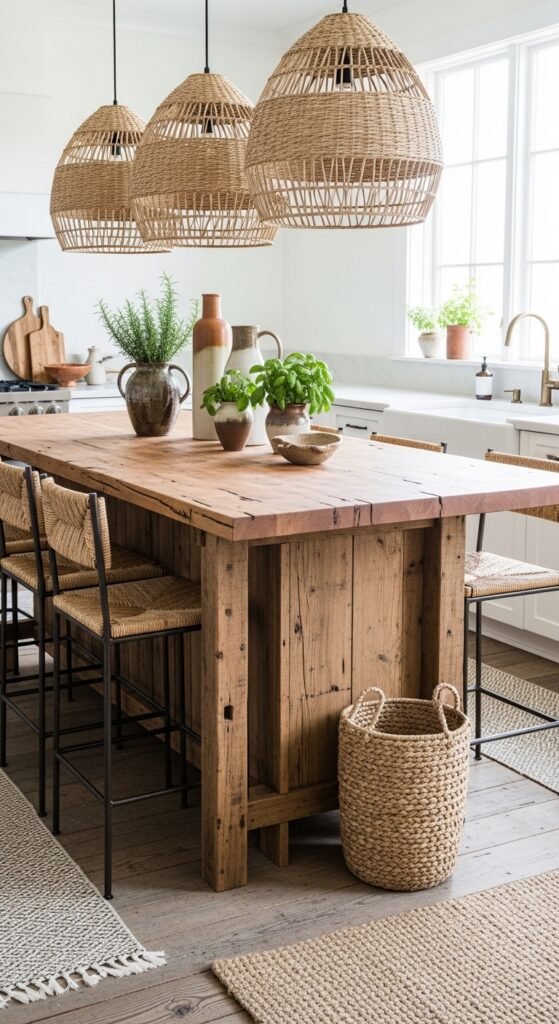 Woven Pendant Lighting Over a Rustic Island