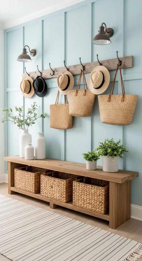 Light Blue Accent Wall with Rustic Hooks