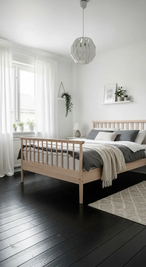 Scandinavian-Inspired Bedroom with Dark Stained Floors