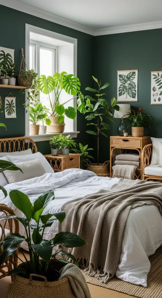Dark Green Bedroom with Botanical Decor