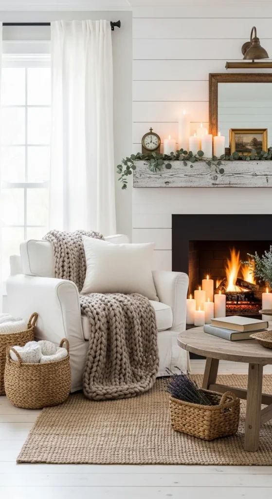 Cozy Cottage Fireplace with Shiplap Wall