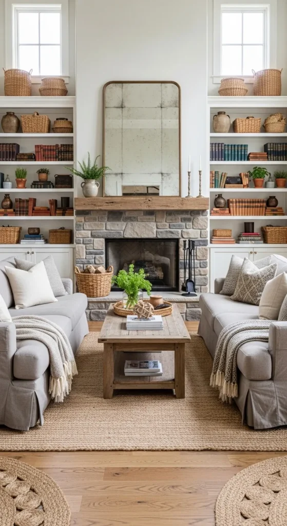 Farmhouse Fireplace with Built-In Shelves