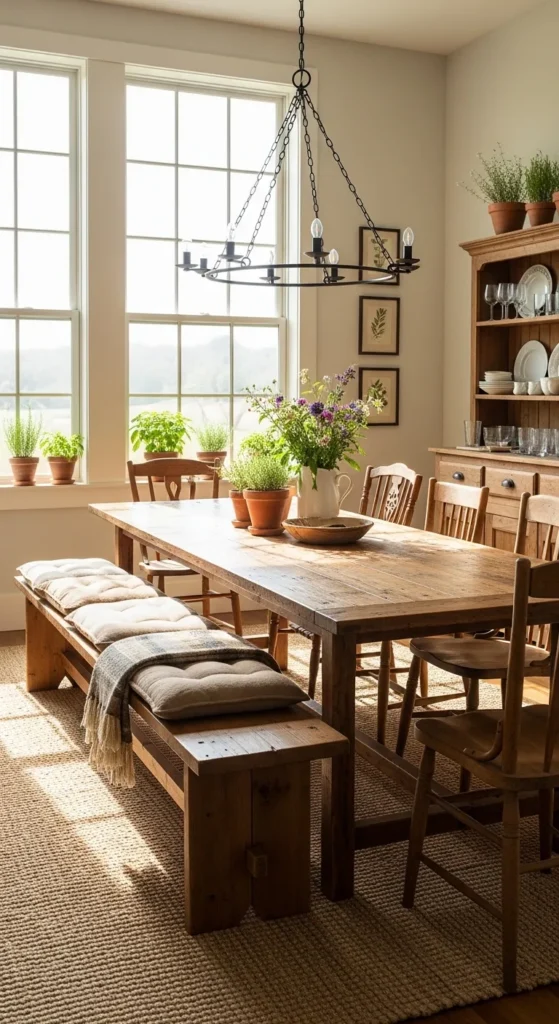 Rustic Dining Room with Wooden Bench Seating