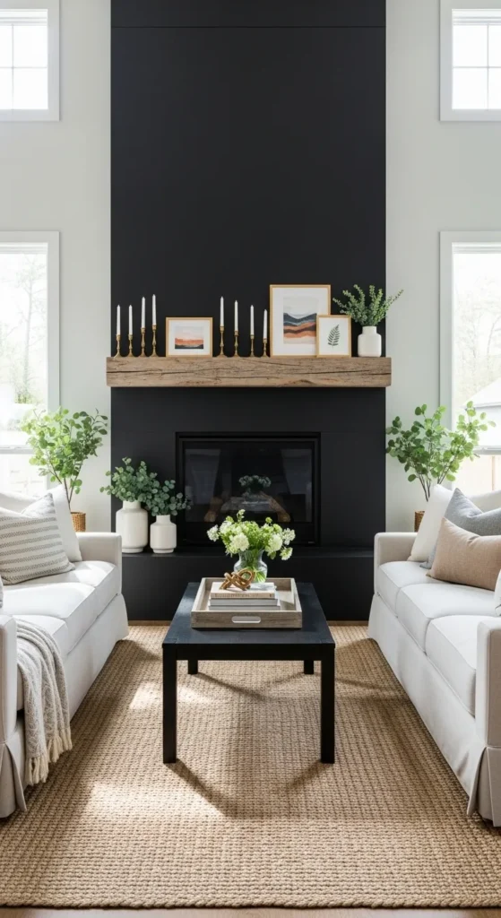 Black Farmhouse Fireplace with Rustic Wood Mantel