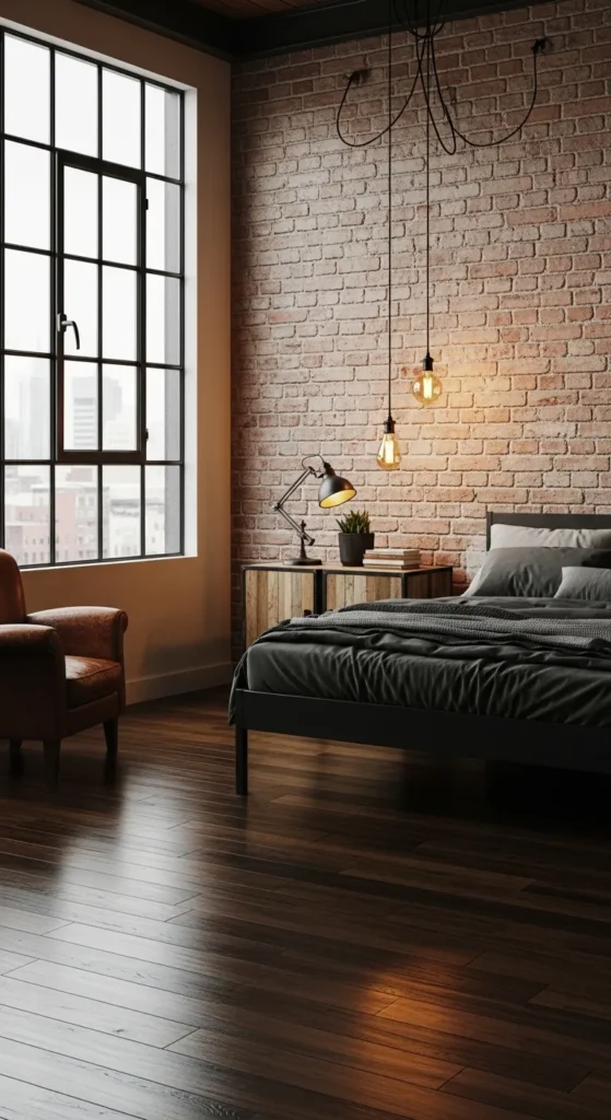 Industrial Chic Bedroom with Dark Hickory Floors