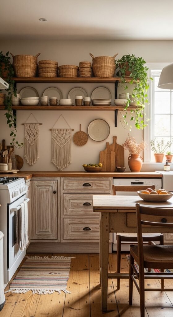Distressed Cabinets with Open Rustic Display